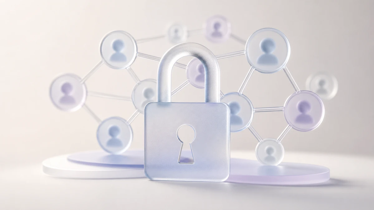 A frosted padlock standing in front of a network of linked profile circles
