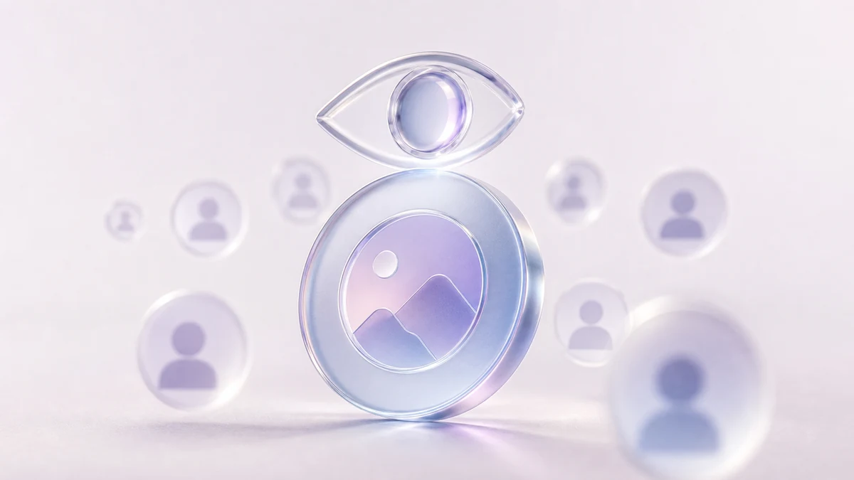 A glass eye above a round photo disc, ringed by translucent profile bubbles