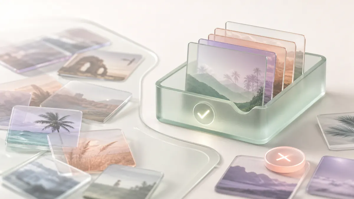 A glass tray of sorted photo cards marked with a checkmark, loose cards and a cross token beside it