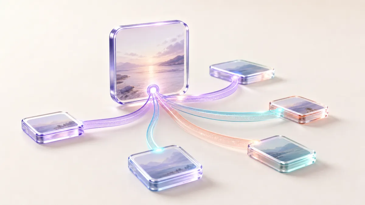 One large glass photo panel branching by light ribbons to five smaller panels
