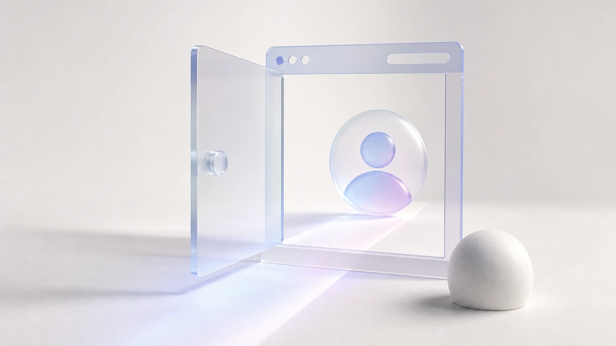 A glass browser window with an opening panel and a profile icon inside, light spilling out