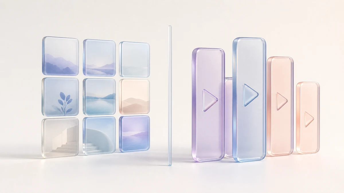 A nine-square photo grid on glass beside upright panels marked with play triangles
