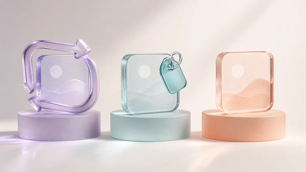 Three glass photo tiles on podiums: one ringed by cycle arrows, one carrying a tag, one plain