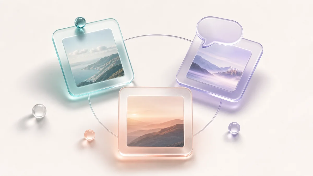 Three glass photo tiles linked in a ring, one of them carrying a speech bubble