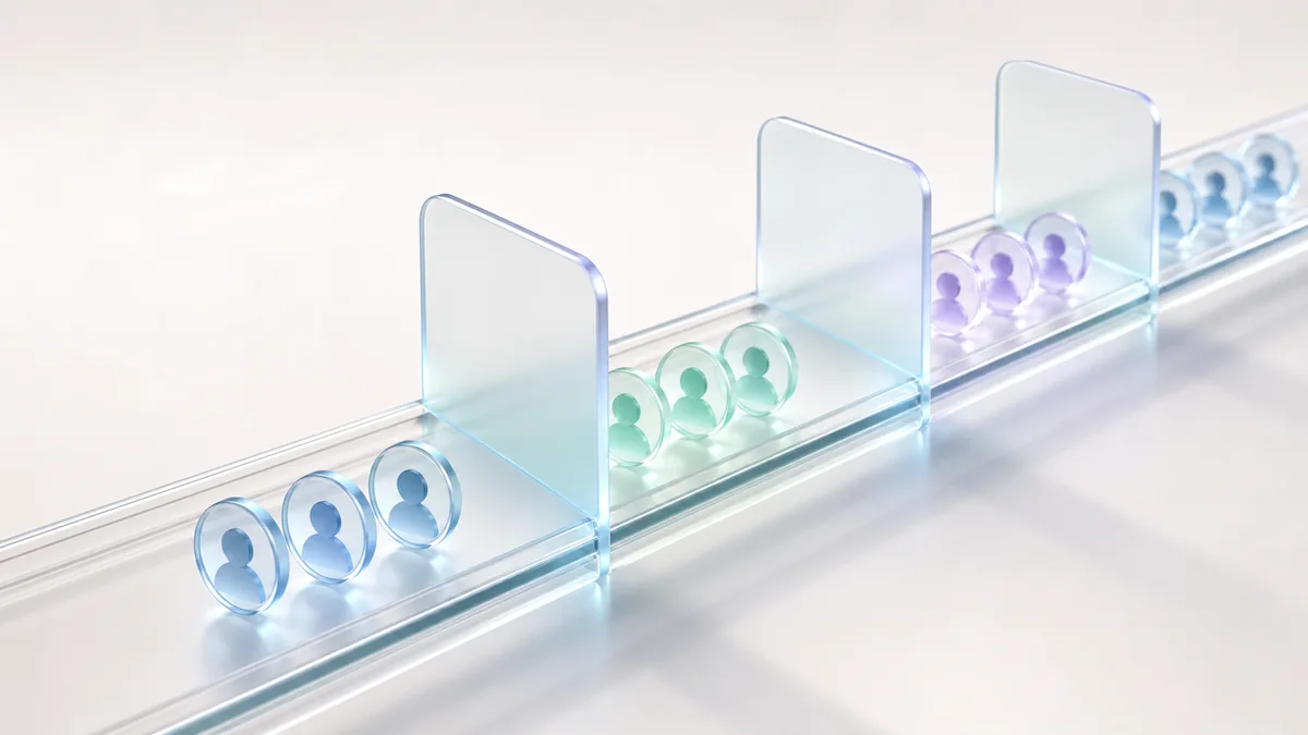 Profile discs grouped into sections along a glass rail by upright dividers