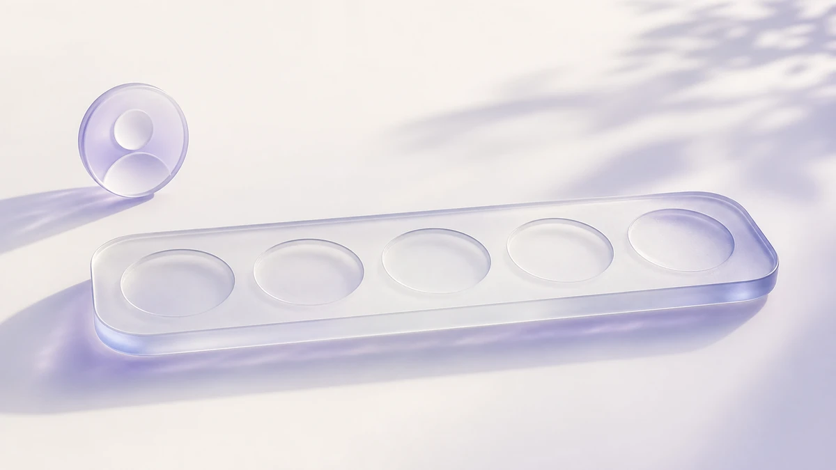 A frosted tray with five empty slots and a single profile disc resting beside it