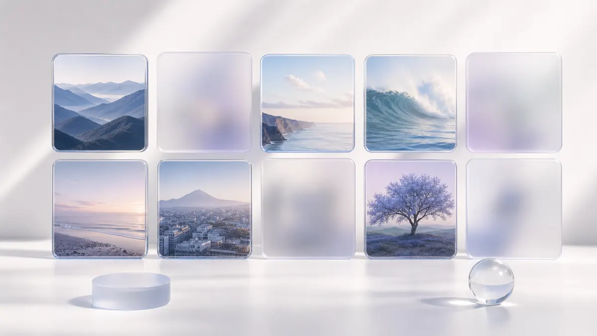 A grid of glass photo tiles, several of them blurred or blank
