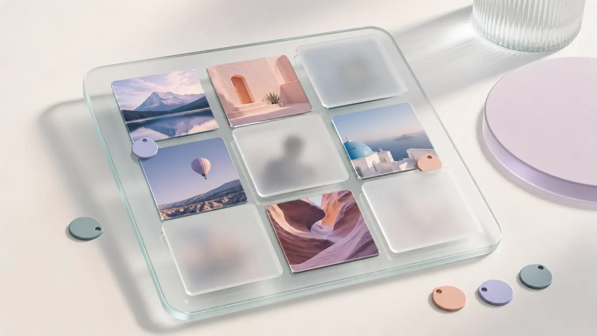 A glass tray of nine photo tiles, some blurred, with small colour tokens beside it